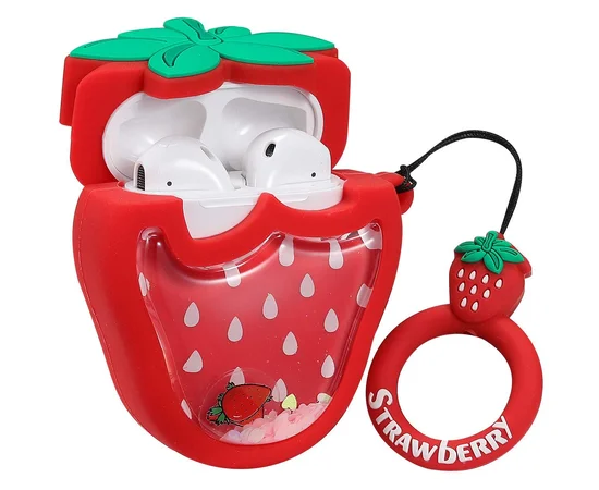 Силиконовый футляр Fruits series with Sparcles & Water для наушников AirPods + кольцо strawberry / Красный