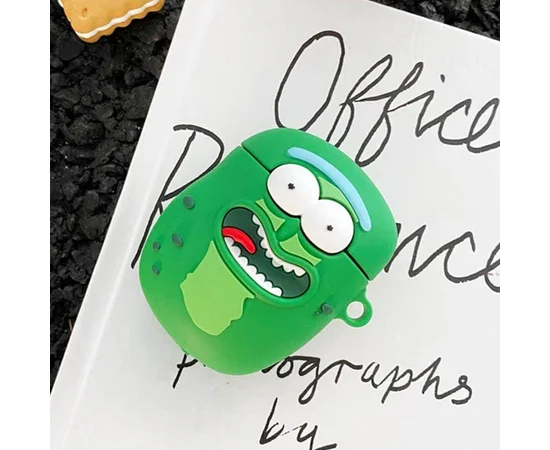 Силиконовый футляр Rick and Morty series для наушников AirPods 1/2 + карабин Огурчик Рик/Зеленый