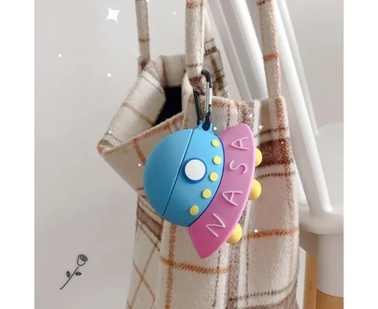 Силиконовый футляр Nasa для наушников AirPods + карабин НЛО / Голубо-розовый