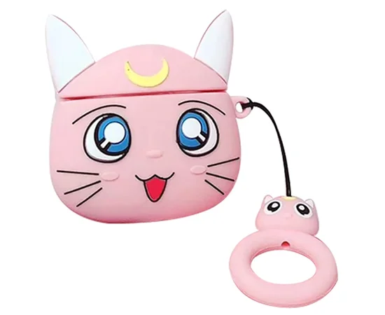 Силиконовый футляр Anime для наушников AirPods 1/2 + кольцо Кот Луна / Розовый