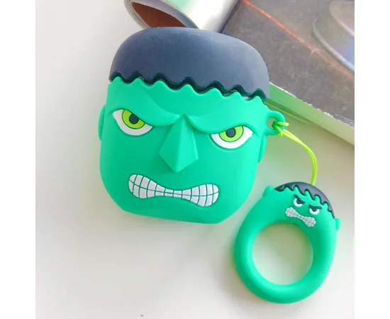 Силиконовый футляр Marvel & DC series для наушников AirPods + кольцо Халк / Зеленый