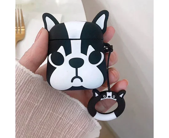Силиконовый футляр Bulldog для наушников AirPods 1/2 + кольцо Французский бульдог/Черно-белый