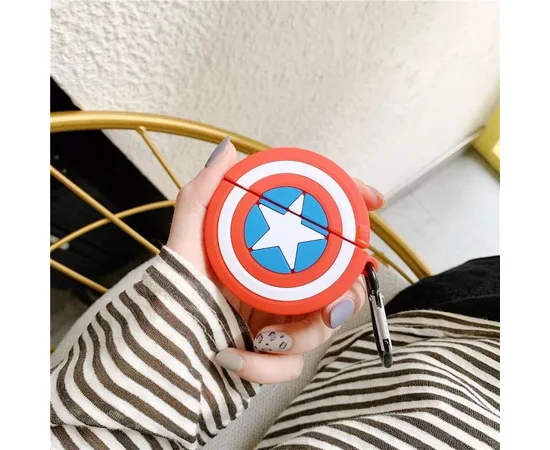 Силиконовый футляр Marvel & DC series для наушников AirPods 1/2 + карабин Капитан Америка / Красный