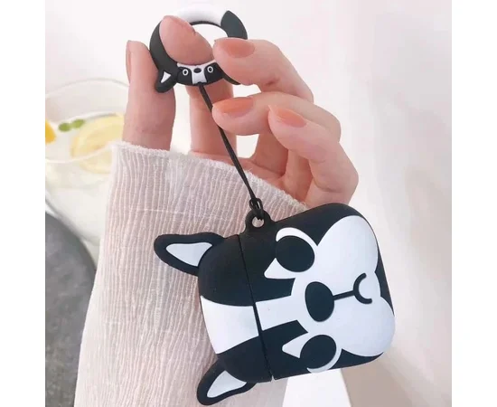 Силиконовый футляр Bulldog для наушников AirPods 1/2 + кольцо Французский бульдог/Черно-белый