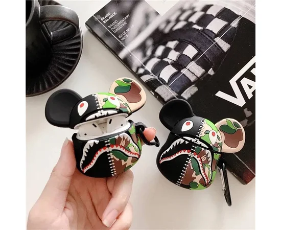 Силиконовый футляр Bape Shark для наушников AirPods 1/2 Черно - зеленый