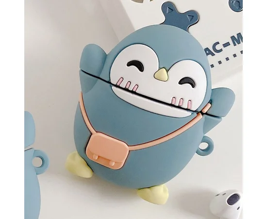 Силиконовый футляр Penguin для наушников AirPods 1/2 + карабин Серо - голубой