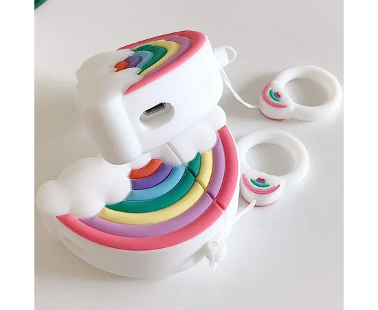 Силиконовый футляр Rainbow для наушников AirPods + кольцо Радуга / Белый