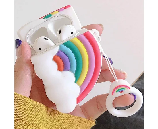Силиконовый футляр Rainbow для наушников AirPods + кольцо Радуга / Белый