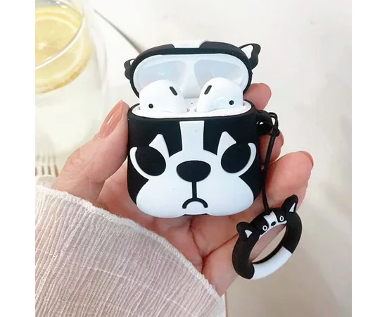 Силиконовый футляр Bulldog для наушников AirPods 1/2 + кольцо Французский бульдог/Черно-белый