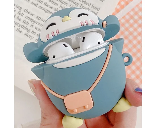 Силиконовый футляр Penguin для наушников AirPods 1/2 + карабин Серо - голубой