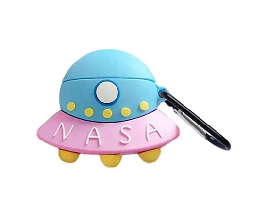 Силиконовый футляр Nasa для наушников AirPods + карабин НЛО / Голубо-розовый