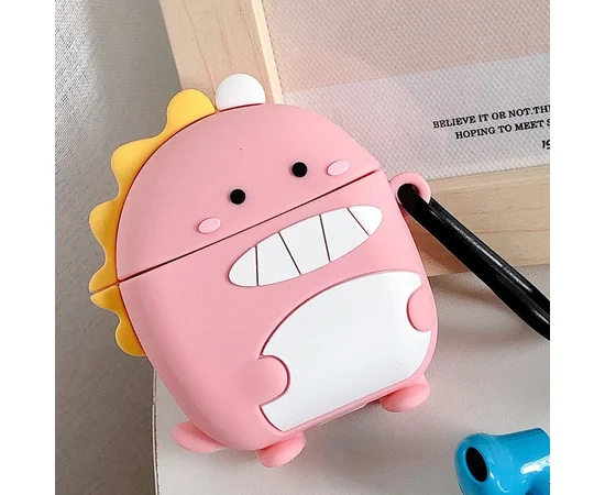 Силиконовый футляр Cartoons&Heroes для наушников AirPods 1/2 + карабин Дракон розовый