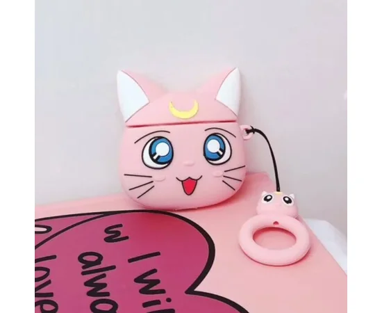 Силиконовый футляр Anime для наушников AirPods 1/2 + кольцо Кот Луна / Розовый