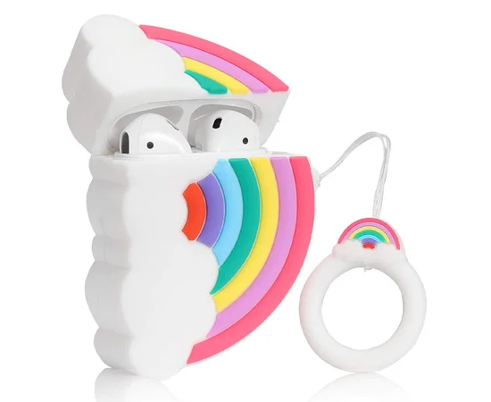 Силиконовый футляр Rainbow для наушников AirPods + кольцо Радуга / Белый