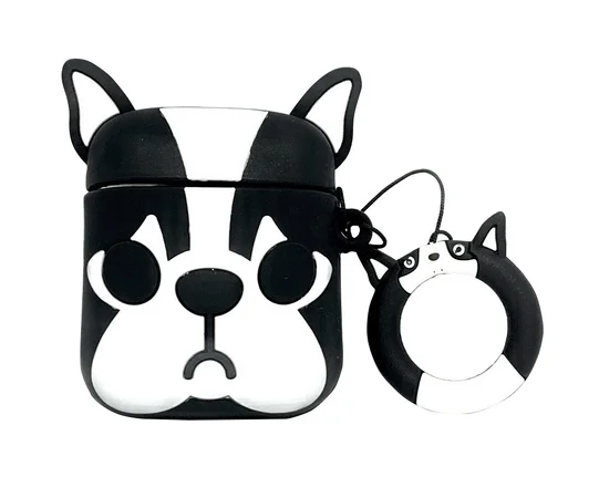 Силиконовый футляр Bulldog для наушников AirPods 1/2 + кольцо Французский бульдог/Черно-белый