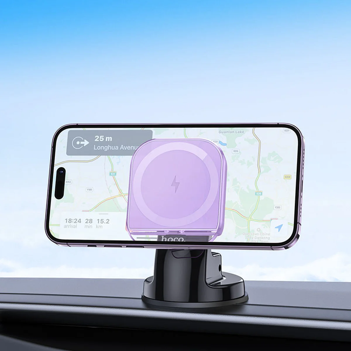 Автодержатель с БЗУ Hoco HW18 Crystal (center console) Romantic purple