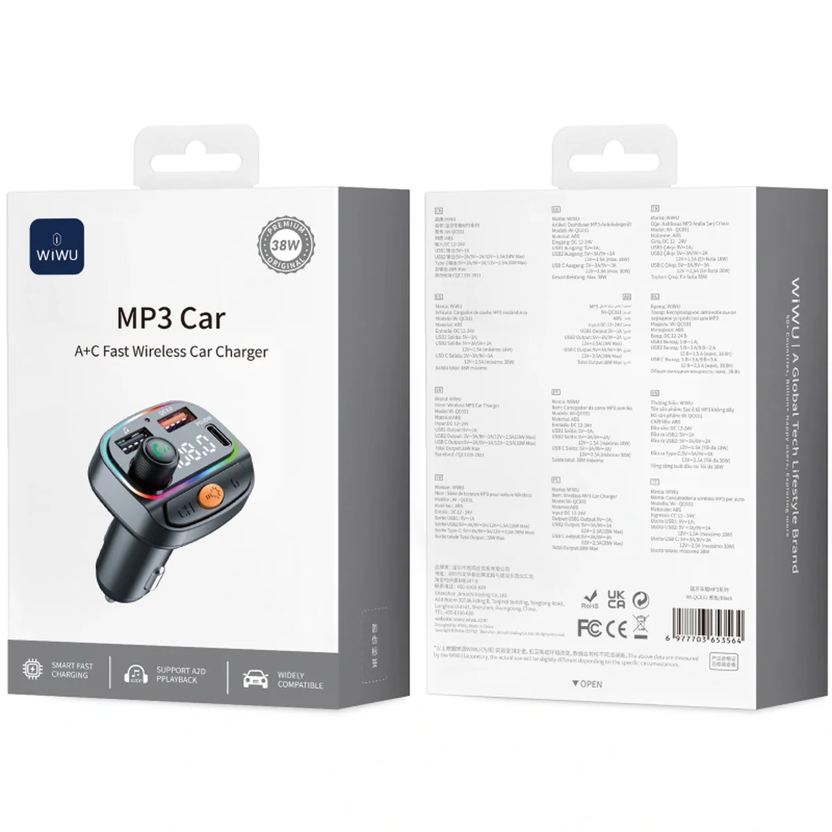 АЗУ FM модулятор WIWU QC031 MP3 Car PD20W+QC3.0 (2USB-A/1C) Black