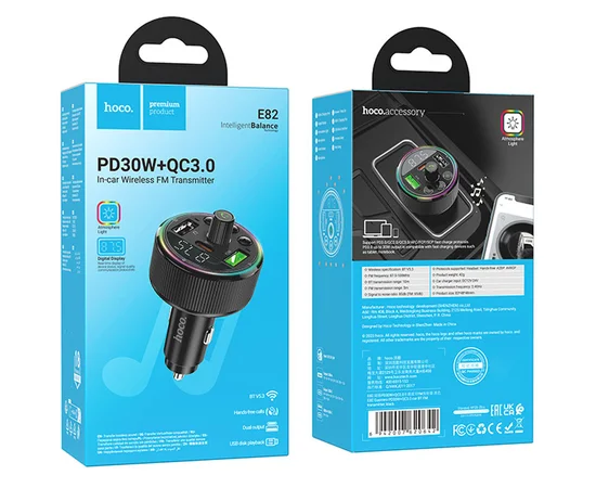 АЗУ FM модулятор Hoco E82 Guerrero PD30W+QC3.0 (2USB-A/1C) Black