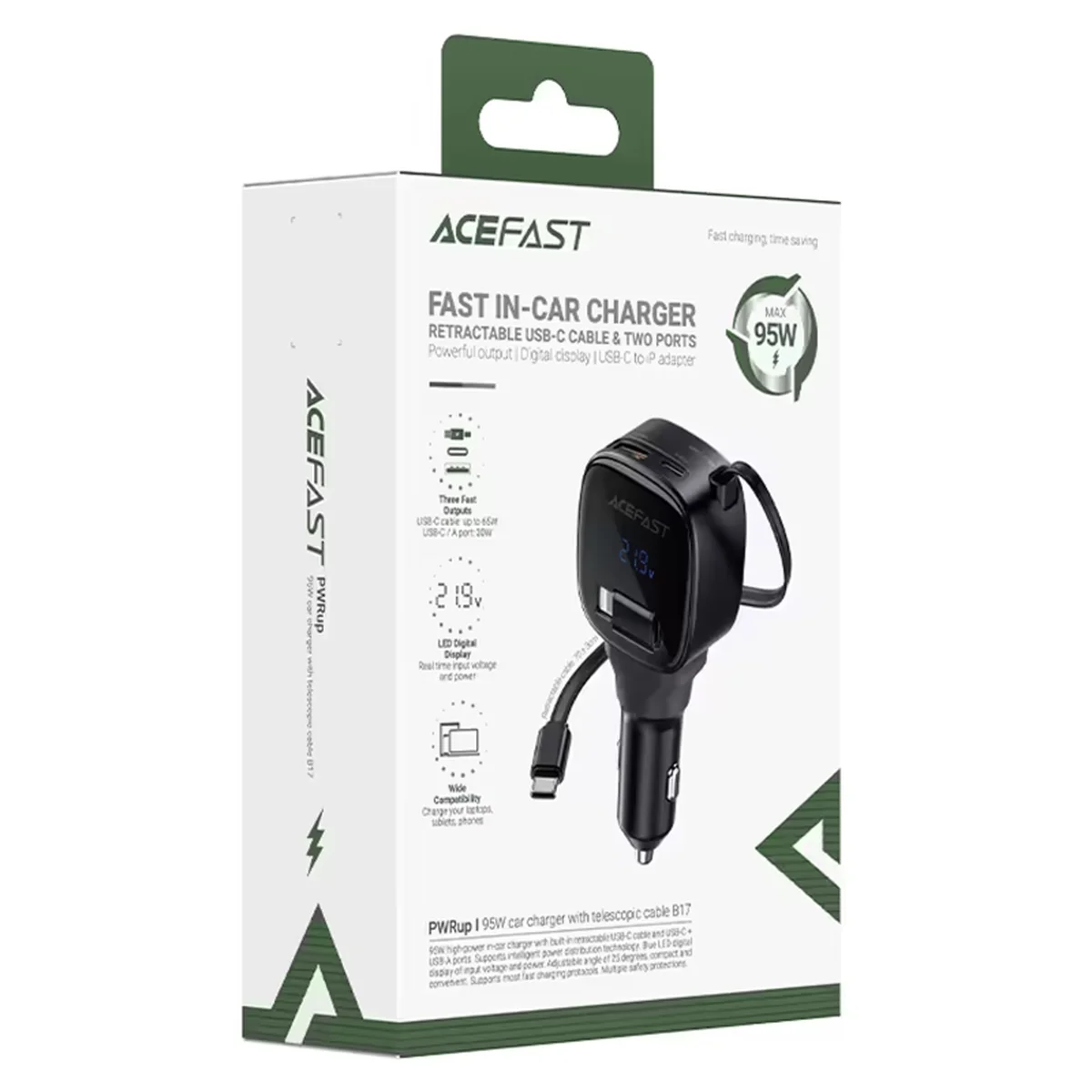АЗУ Acefast B17 PD30W+QC3.0 total 95W (1USB-A/1C) with retractable cable Type-C Black