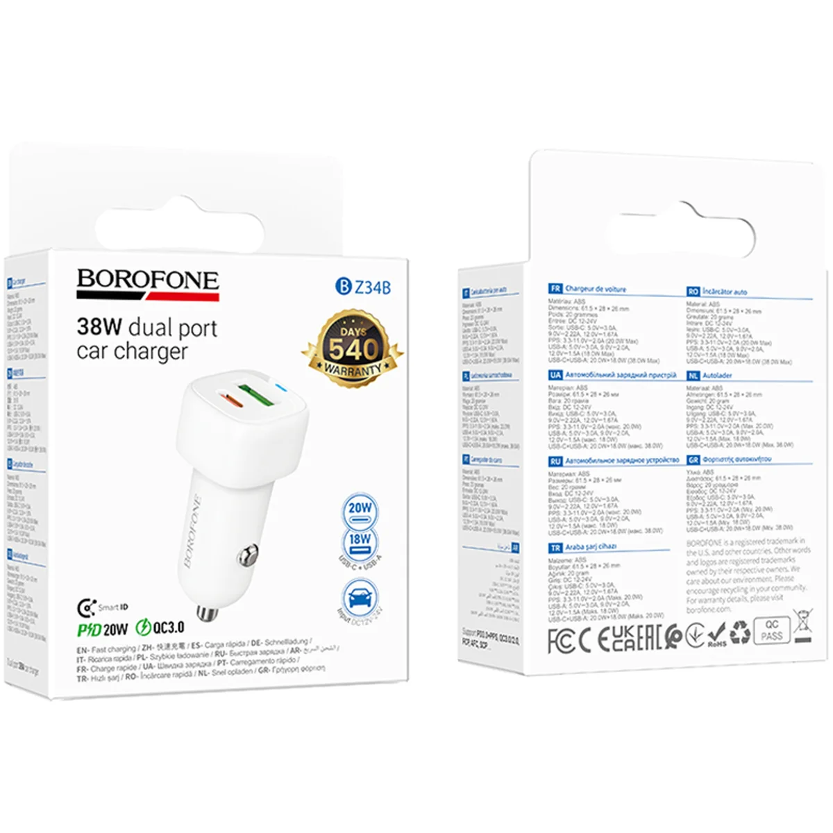 АЗУ Borofone BZ34B Cloud PD20W+QC3.0 total 38W (1USB-A/1C) White