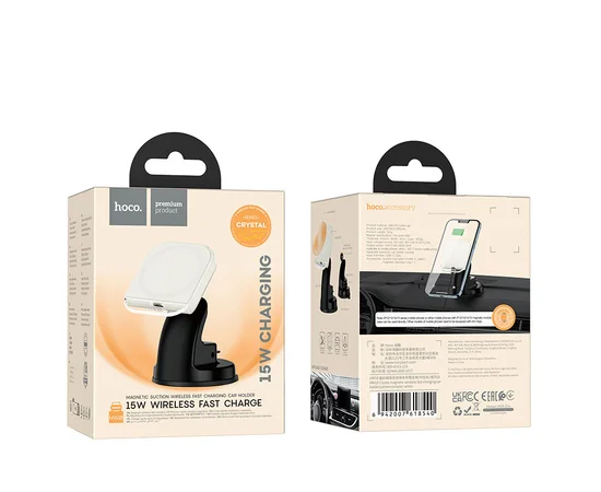 Автодержатель с БЗУ Hoco HW18 Crystal (center console) White