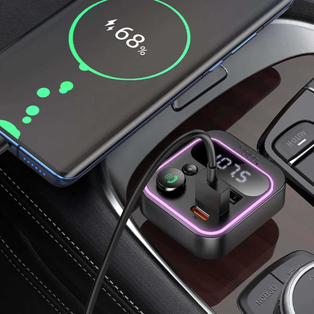 АЗУ FM модулятор Hoco E85 Tiger PD20W+QC3.0 Black