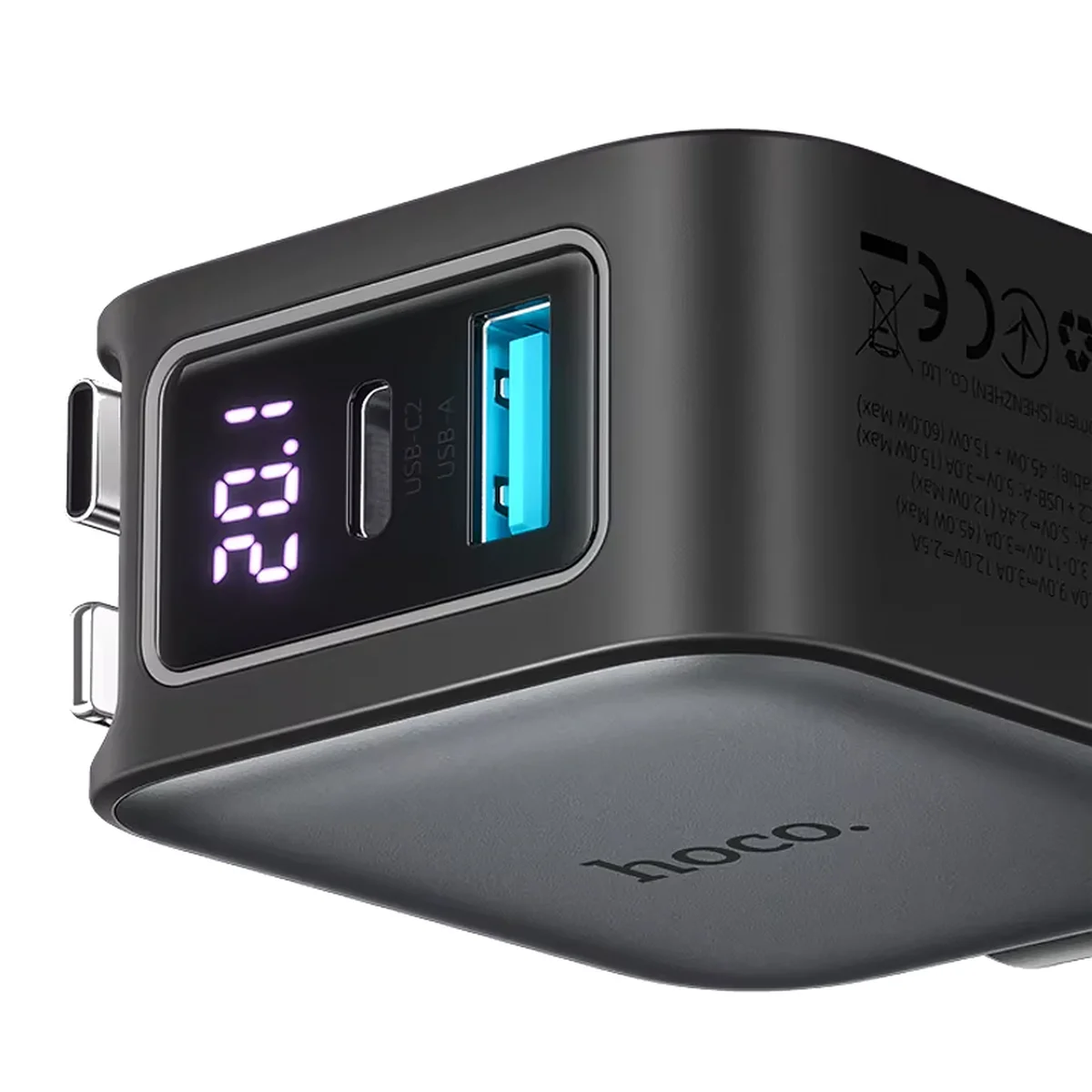 АЗУ Hoco Z67A Triunfar PD45W+QC3.0 total 60W with retractable cables (1USB-A/2C/1L) Metal gray