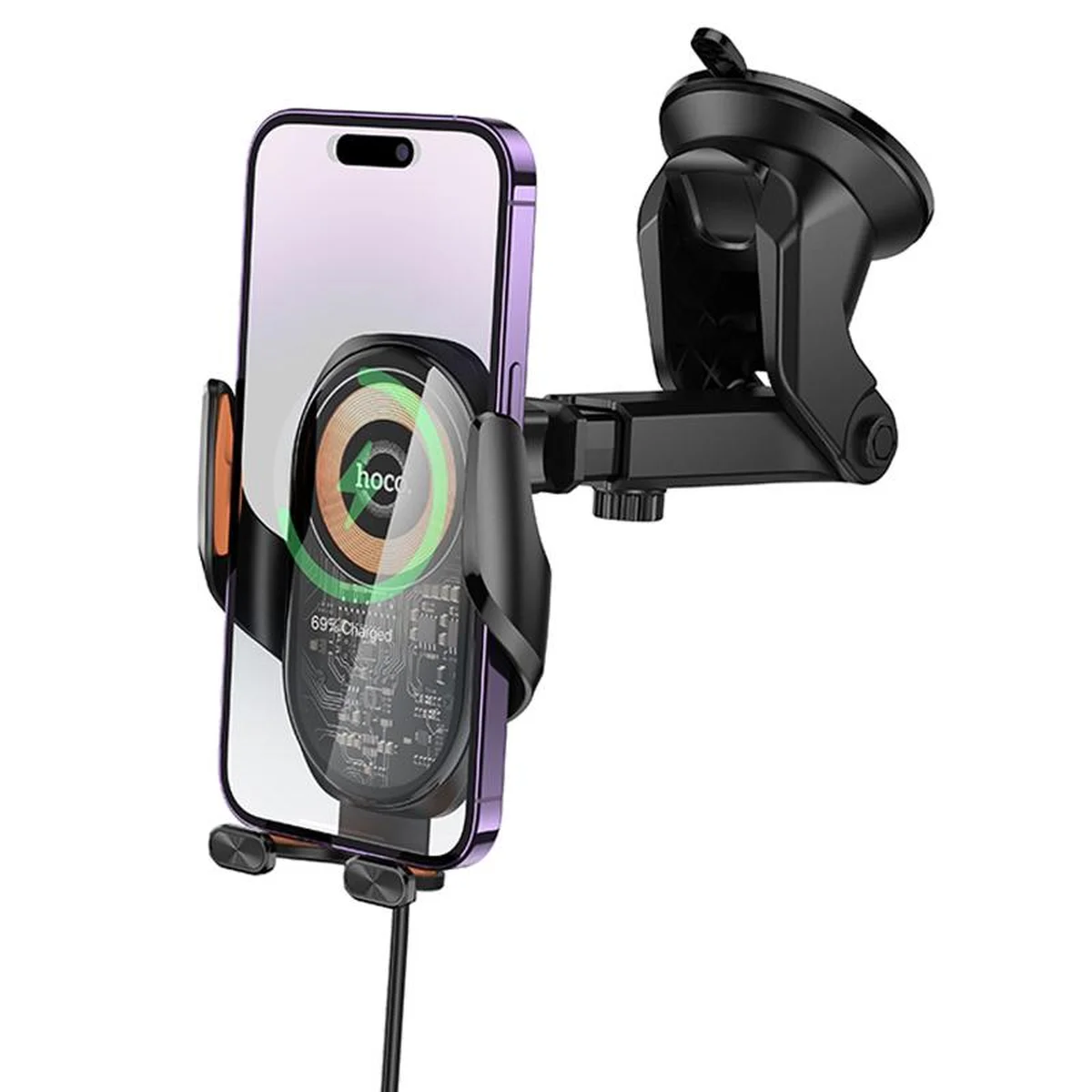 Автодержатель с БЗУ Hoco HW34 Blue whale 3-axis linkage wireless 15W (center console) Black