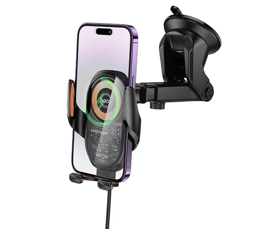 Автодержатель с БЗУ Hoco HW34 Blue whale 3-axis linkage wireless 15W (center console) Black