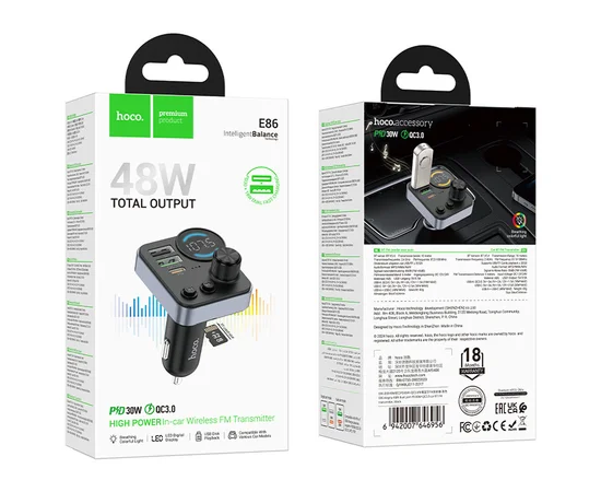 АЗУ FM модулятор Hoco E86 Alegria PD30W+QC3.0 48W (2USB-A/1C) Black