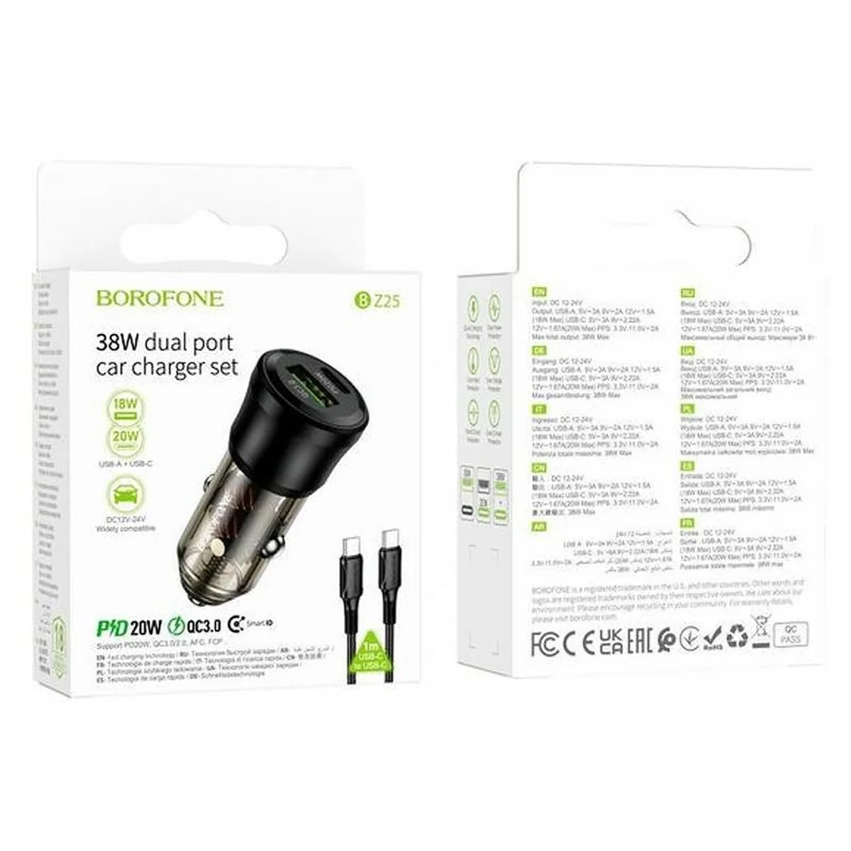 АЗУ Borofone BZ25 Journey PD20W+QC3.0 total 38W (1USB-A/1C) + кабель Type-C to Type-C Transparent black