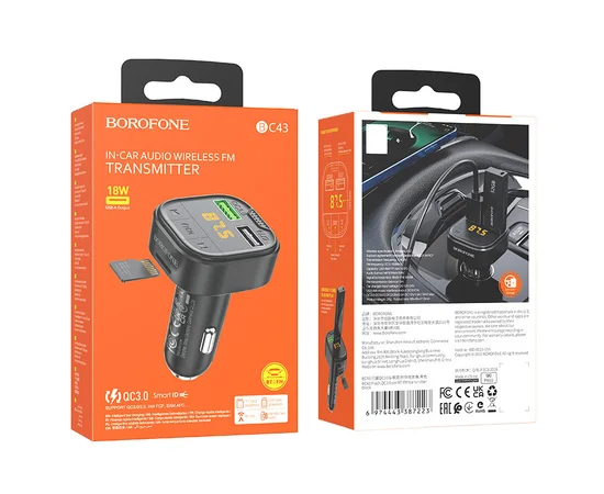 АЗУ FM модулятор Borofone BC43 Flash QC3.0 Black