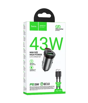 АЗУ Hoco NZ16A Rigorous 43W (1USB-A/1C) + кабель Type-C to Lightning Metal grey