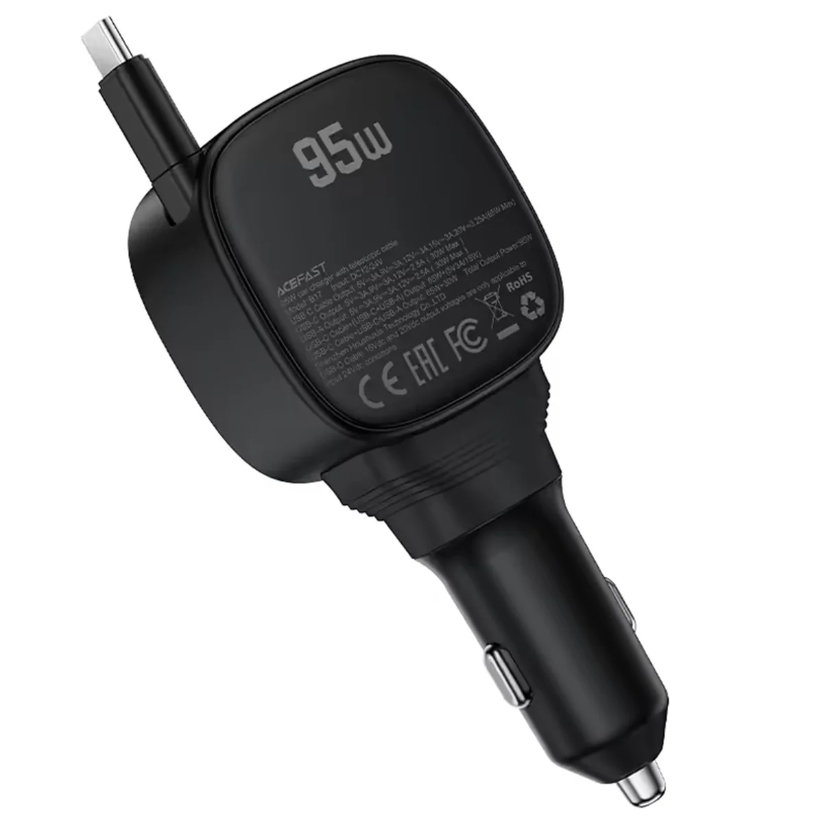 АЗУ Acefast B17 PD30W+QC3.0 total 95W (1USB-A/1C) with retractable cable Type-C Black