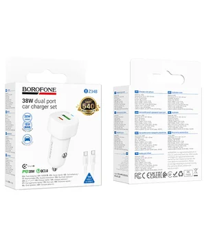 АЗУ Borofone BZ34B Cloud PD20W+QC3.0 total 38W (1USB-A/1C) + кабель Type-C to Type-C White
