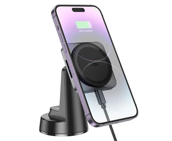 Автодержатель с БЗУ Hoco HW16 Speed (center console) Black / Metal gray