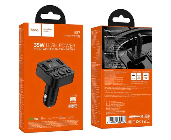 АЗУ FM модулятор Hoco E87 Delta 35W (1USB-A/1C) Black