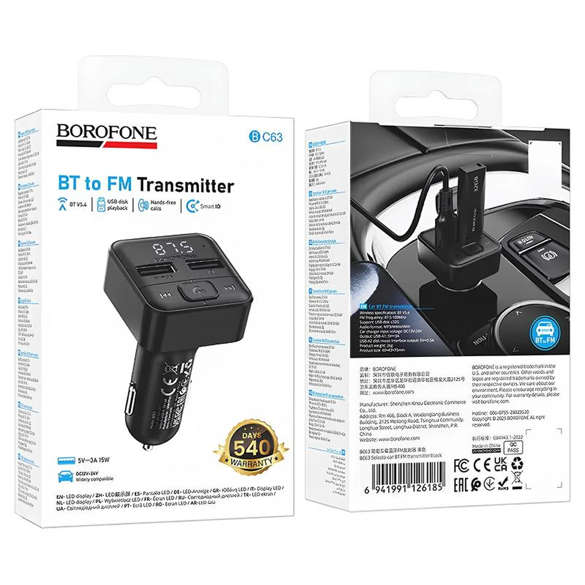 АЗУ FM модулятор Borofone BC63 Selecto QC3.0 (2USB-A) Black