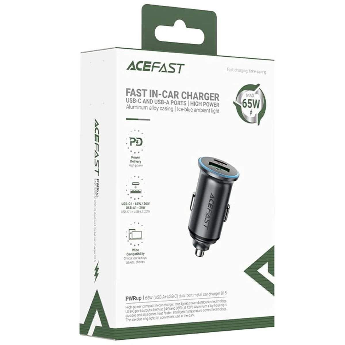 АЗУ Acefast B15 PD20W+QC3.0 total 65W (1USB-A/1C) Gray