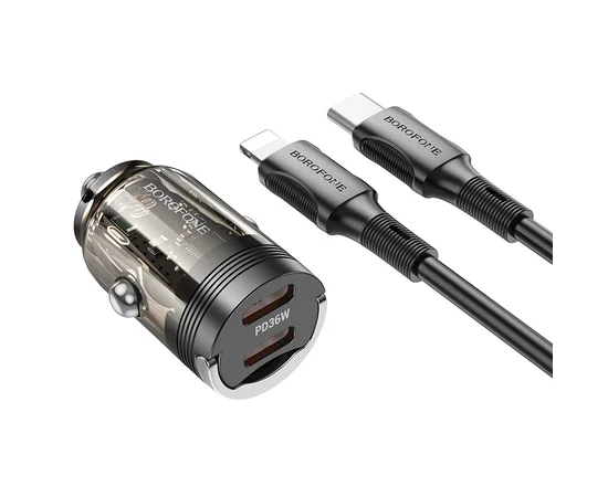 АЗУ Borofone BZ29B Outstanding PD36W (2USB-C) + кабель Type-C to Lightning Transparent black