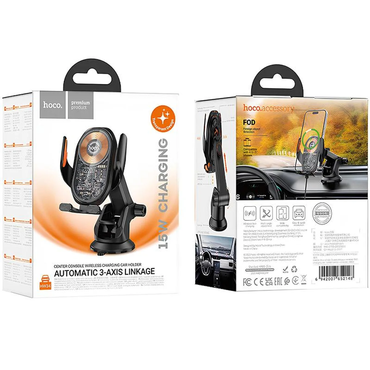 Автотримач із БЗУ Hoco HW34 Blue whale 3-axis linkage wireless 15W (center console) Black