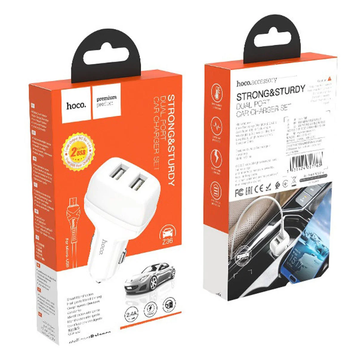 АЗУ Hoco Z36 Leader 2.4A (2USB-A) + кабель USB to MicroUSB Белый