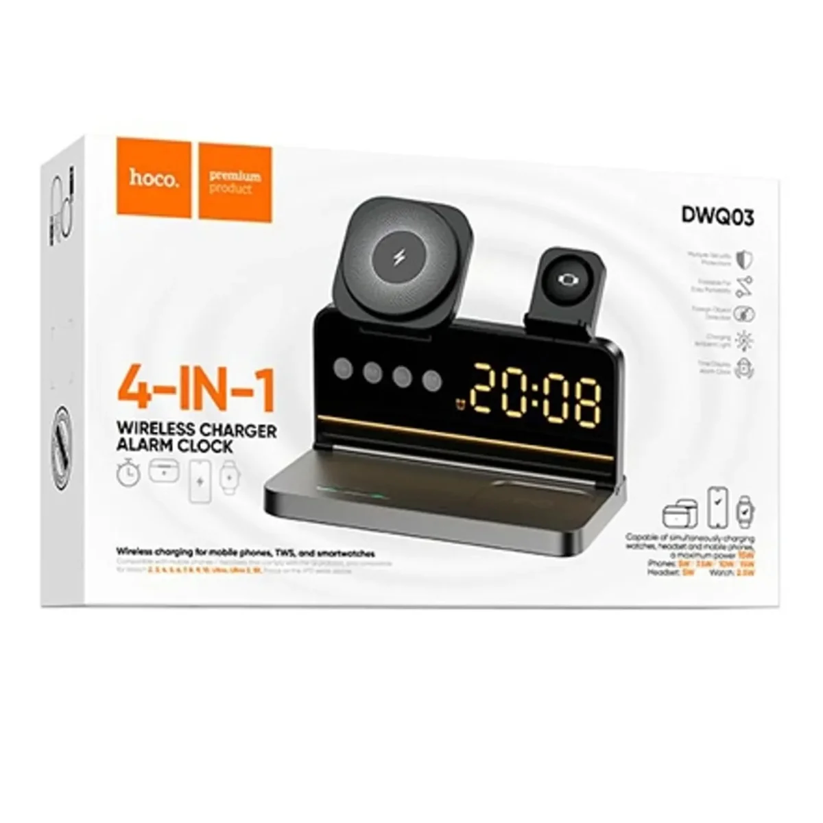 БЗУ Hoco DWQ03 North 4in1 with alarm clock Black