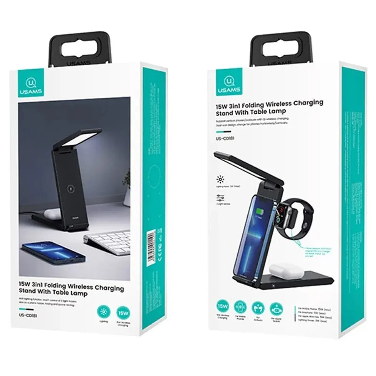 БЗУ Usams US-CD181 15W 3in1 with Table Lamp Black