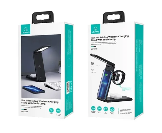 БЗУ Usams US-CD181 15W 3in1 with Table Lamp Black