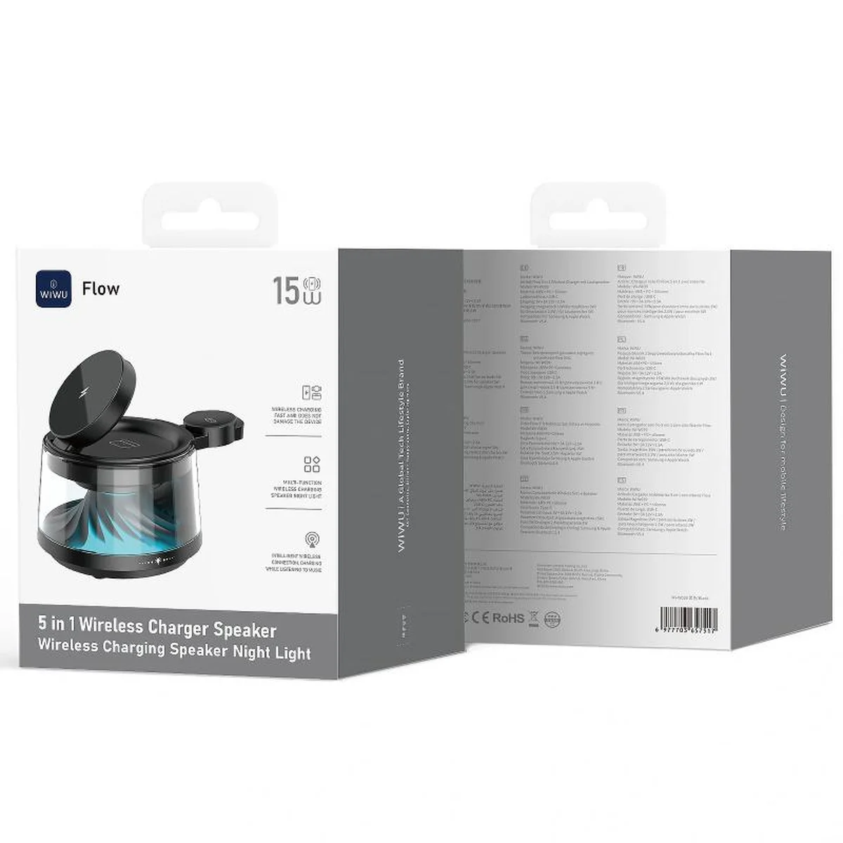 БЗУ WIWU Wi-W039 Flow 5in1 wireless charger with Speaker & Night Light 15W Black