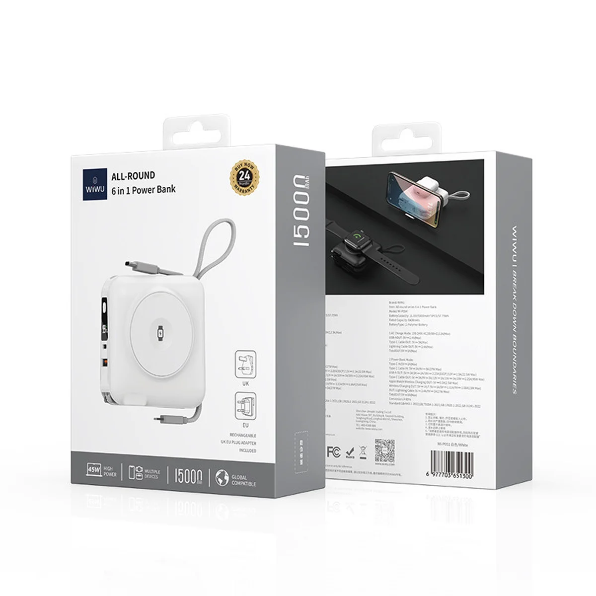 Портативное ЗУ Power Bank WIWU Wi-P051 6 in 1 PD45W с БЗУ 15000 mAh White