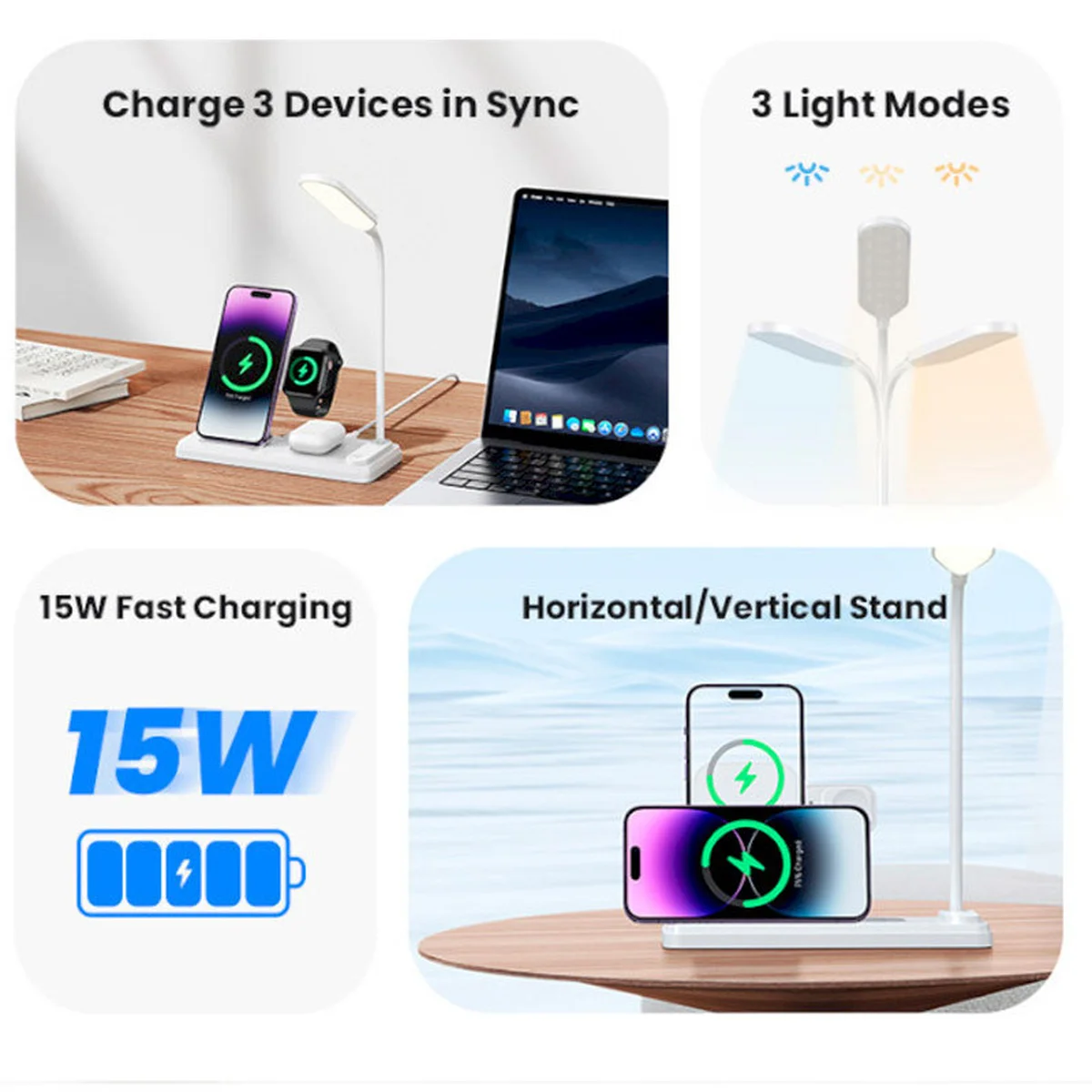 БЗУ Usams US-CD195 15W 4in1 Wireless Charging Holder With Table Lamp White