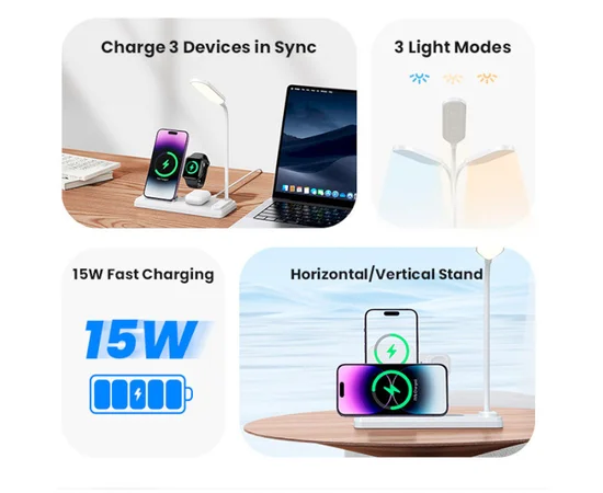 БЗУ Usams US-CD195 15W 4in1 Wireless Charging Holder With Table Lamp White