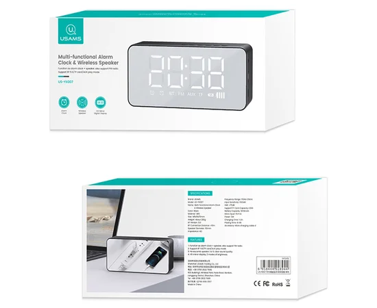 Bluetooth колонка + часы Usams US-YX007 FM-Tuner AUX BT5.0 Черный
